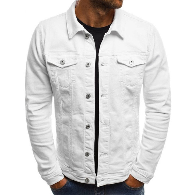 "Men's casual denim jacket with multi-pocket design, stylish fit, blue wash, showcasing front view and rugged texture."