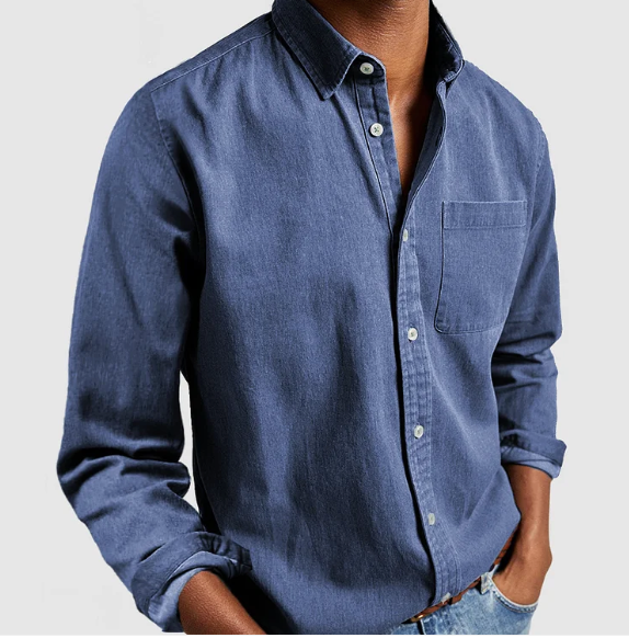 Men's Casual Denim Shirt in soft cotton, classic button-down style, blue color, perfect for casual to semi-formal settings.