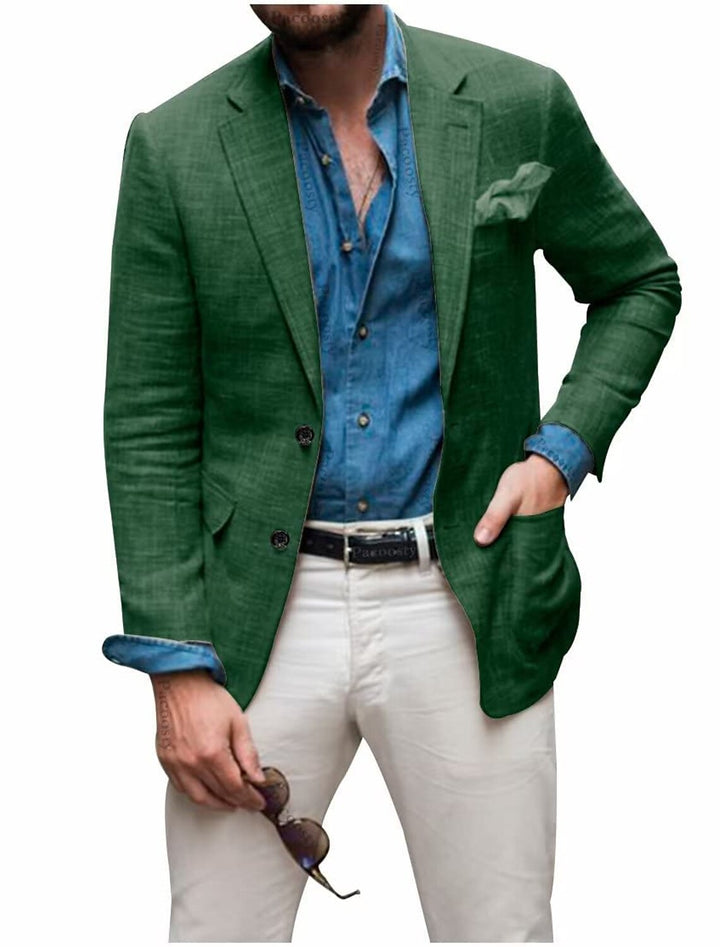 "Men's casual lightweight linen blazer, all-season wear. Versatile style, relaxed elegance, high-quality linen."