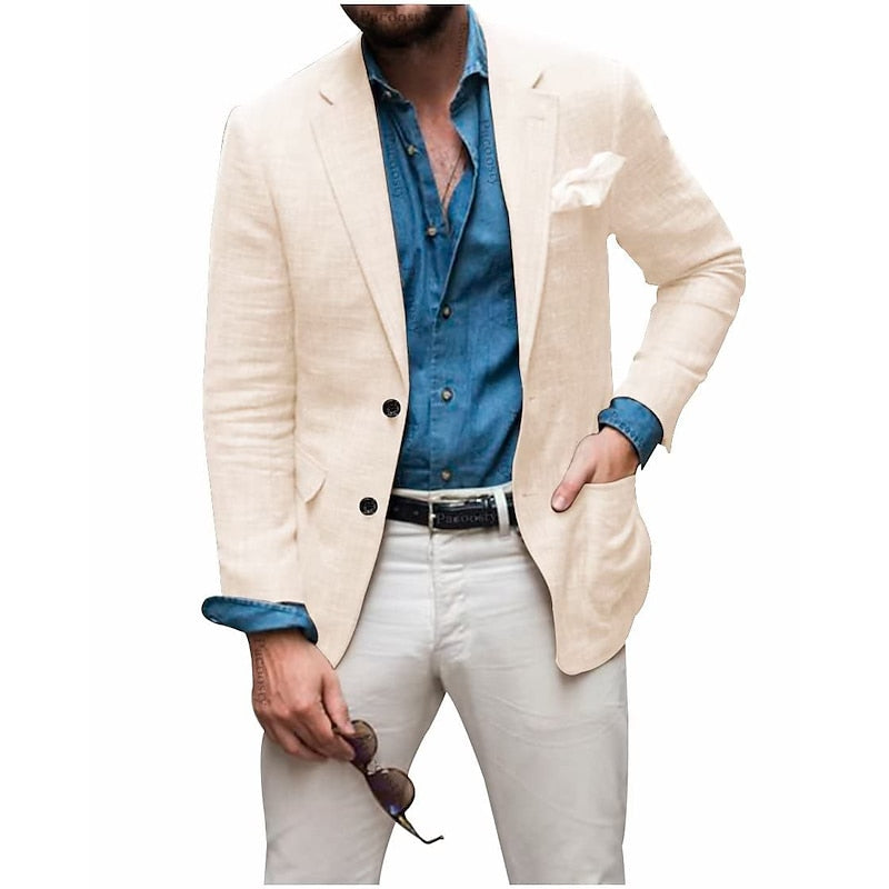 "Men's casual lightweight linen blazer, all-season wear. Versatile style, relaxed elegance, high-quality linen."