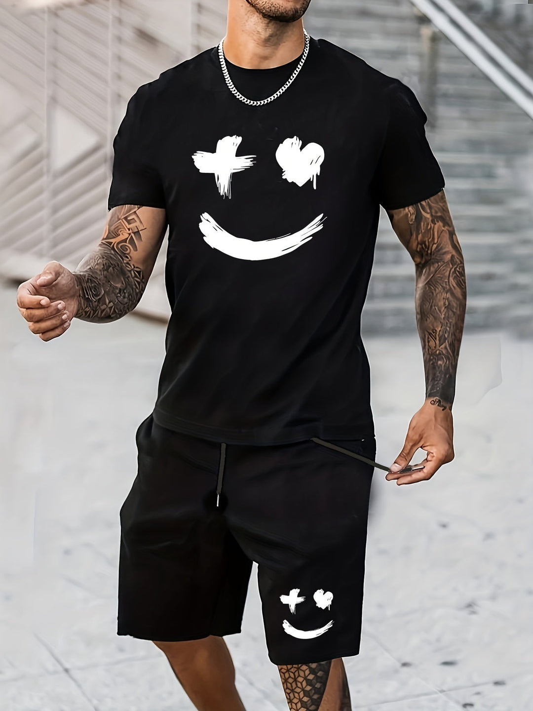 "Men's casual set with bold smiley face print T-shirt and matching drawstring shorts, vibrant and eye-catching for summer."