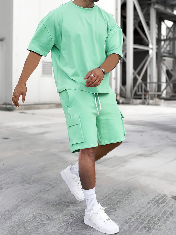 "Men's casual T-shirt & cargo shorts set, crew-neck tee, drawstring shorts, relaxed fit, functional pockets, monochrome style