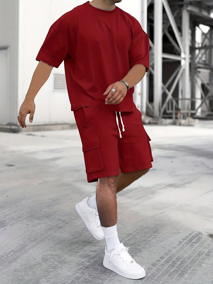 "Men's casual T-shirt & cargo shorts set, crew-neck tee, drawstring shorts, relaxed fit, functional pockets, monochrome style