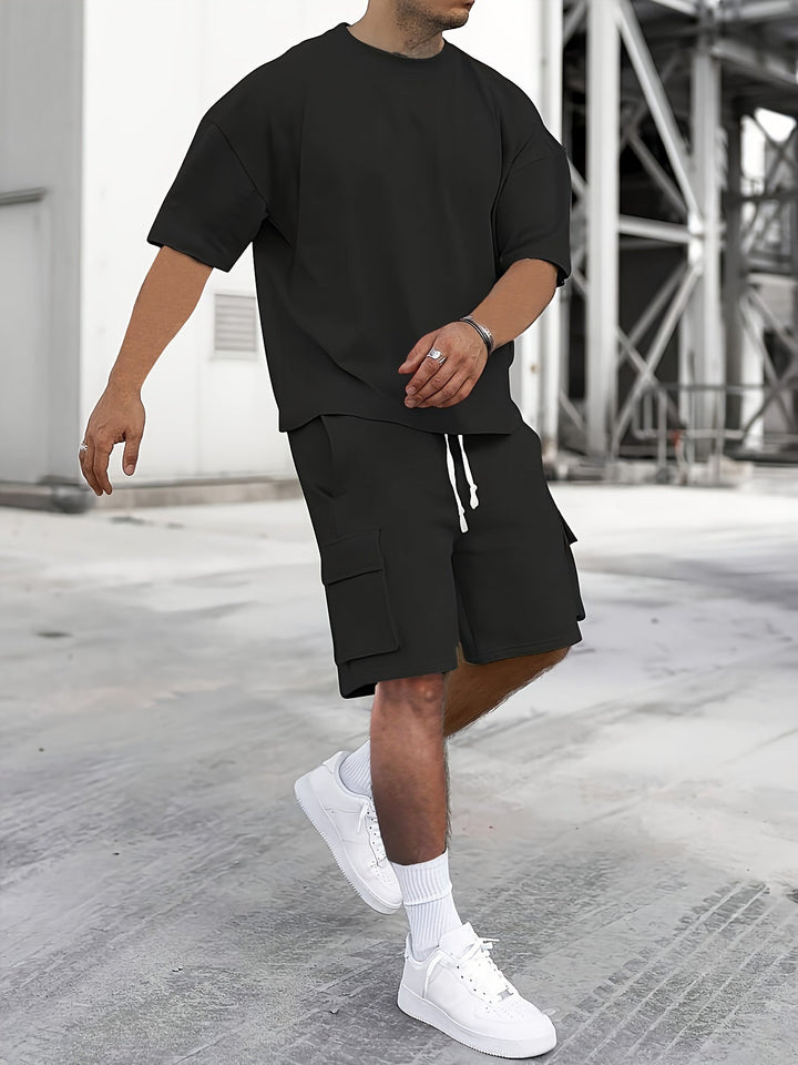 "Men's casual T-shirt & cargo shorts set, crew-neck tee, drawstring shorts, relaxed fit, functional pockets, monochrome style