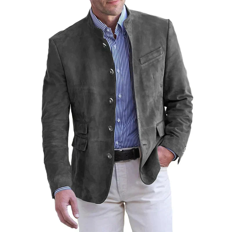 "Men's classic button-down autumn jacket; tailored fit, sharp lines, warm, versatile for casual and formal settings."