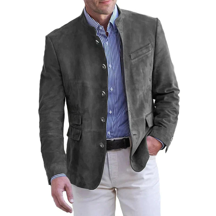 "Men's classic button-down autumn jacket; tailored fit, sharp lines, warm, versatile for casual and formal settings."