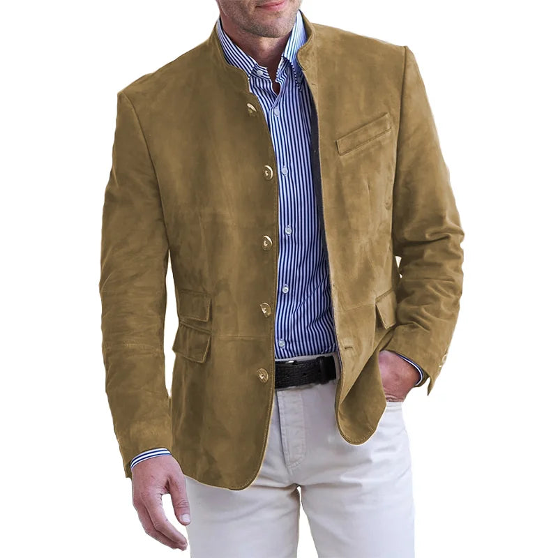 "Men's classic button-down autumn jacket; tailored fit, sharp lines, warm, versatile for casual and formal settings."