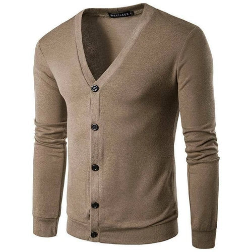 "Men's classic cardigan sweater in light grey, showcasing a soft fabric and timeless design, ideal for casual and semi-formal