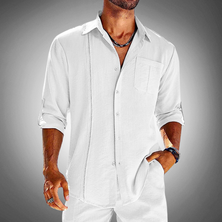 Men's classic cotton button-up shirt, front view. White shirt with a classic collar and chest pocket for versatile style.