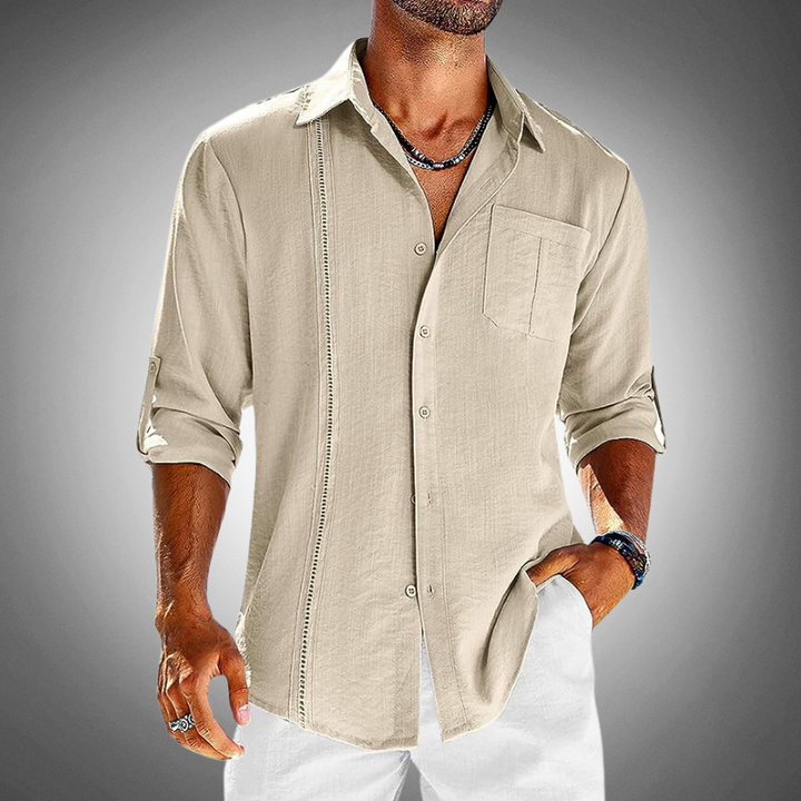 Men's classic cotton button-up shirt, front view. White shirt with a classic collar and chest pocket for versatile style.