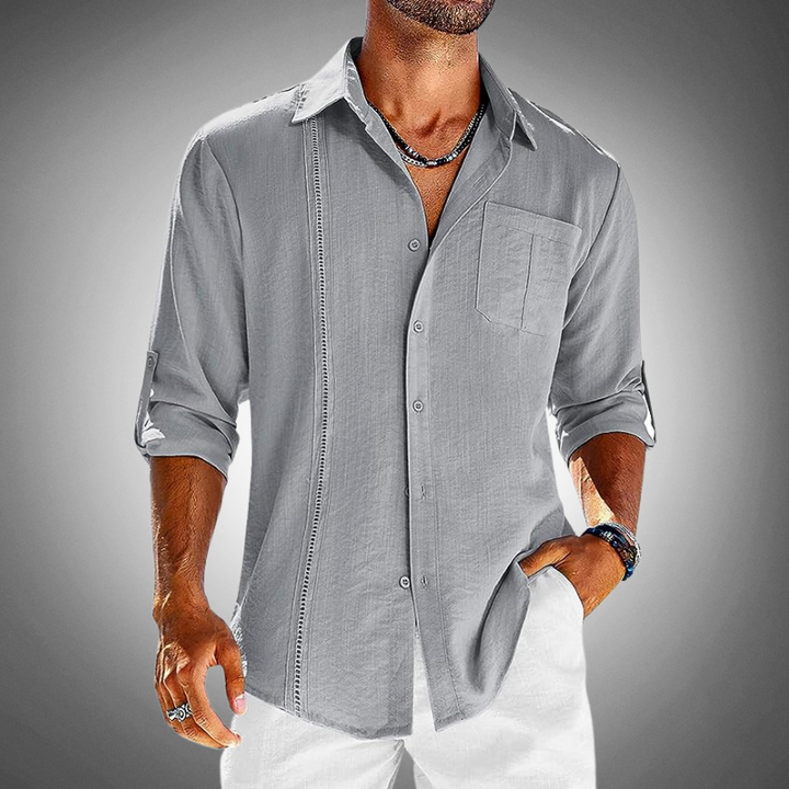 Men's classic cotton button-up shirt, front view. White shirt with a classic collar and chest pocket for versatile style.