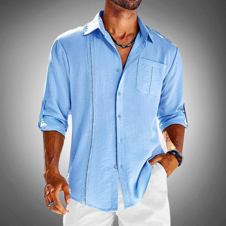 Men's classic cotton button-up shirt, front view. White shirt with a classic collar and chest pocket for versatile style.