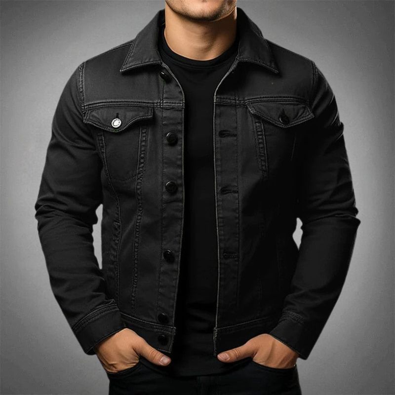 "Men's classic cotton denim jacket, stylish versatile design, durable, button-up, chest and side pockets, timeless appeal."