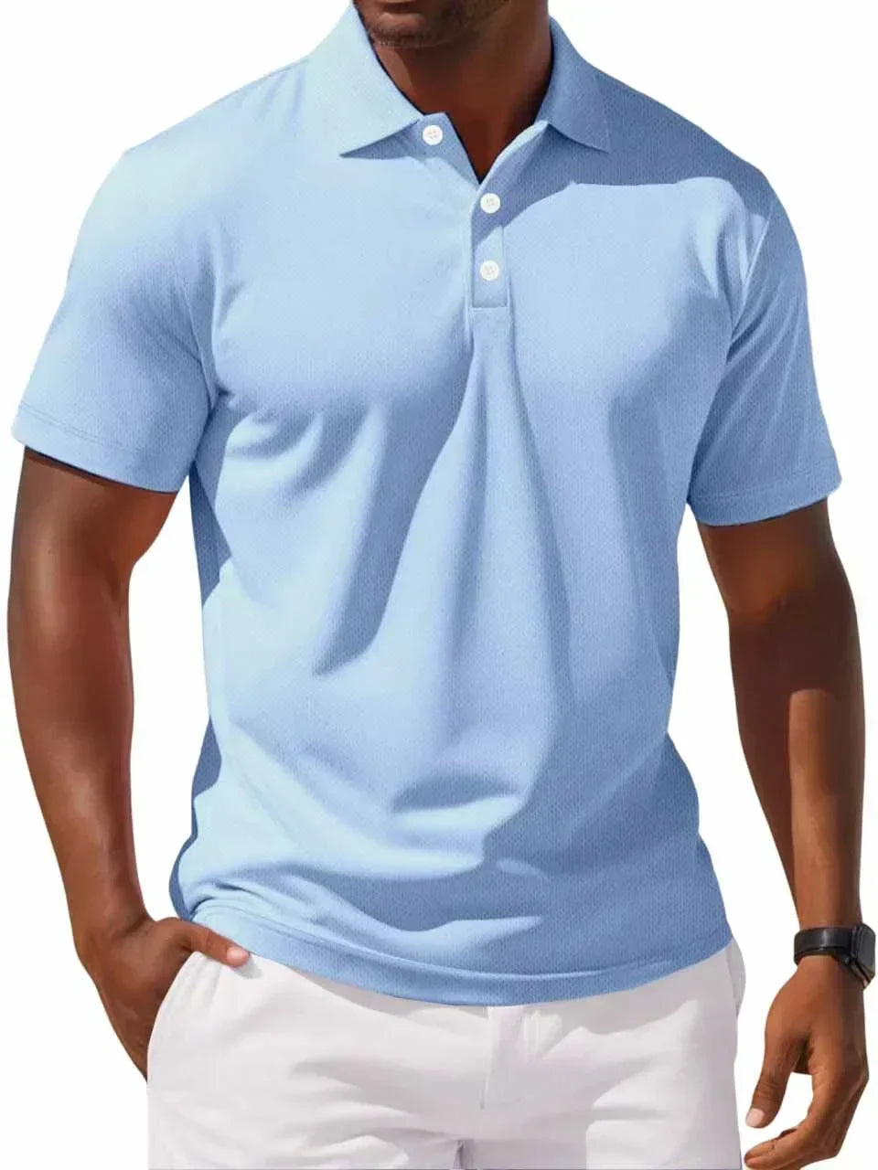 "Men's Classic Cotton Polo Shirt in blue, 100% cotton, classic fit, soft breathable fabric, versatile for casual wear."