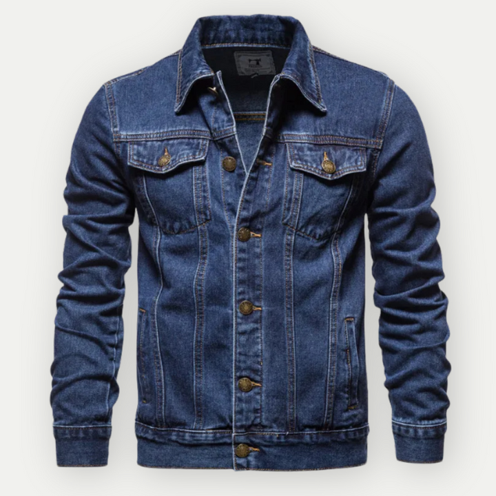 Men's classic denim jacket, structured fit, perfect for layering in spring or autumn, includes front and back views.