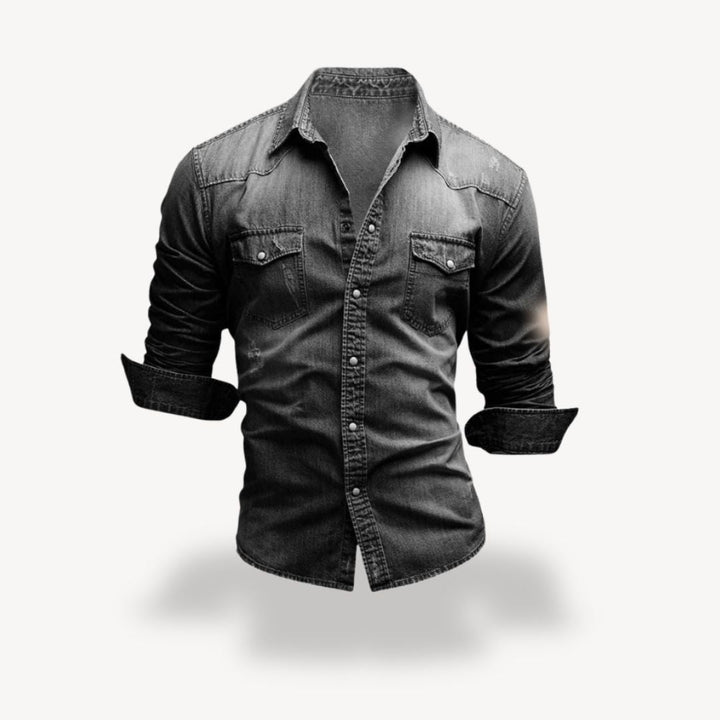Men's classic denim Western shirt with snap buttons, classic blue. Featuring pointed yokes and flap chest pockets.