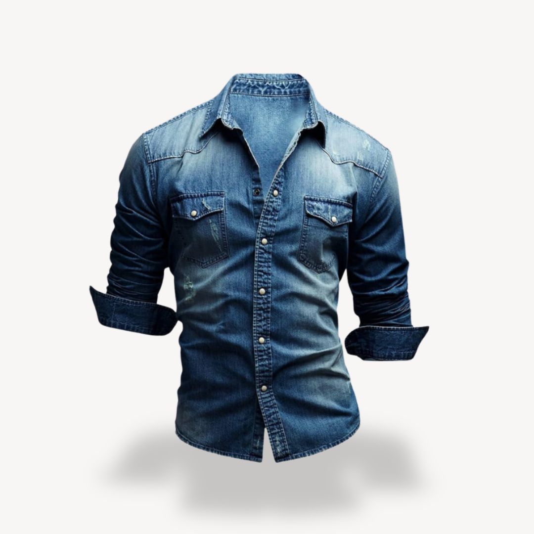 Men's classic denim Western shirt with snap buttons, classic blue. Featuring pointed yokes and flap chest pockets.