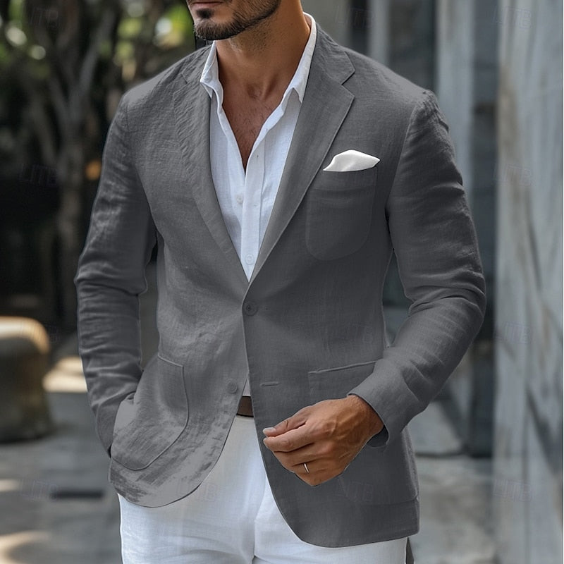 Men's classic linen blazer in beige, tailored for a sleek fit, ideal for summer elegance with versatile styling options.
