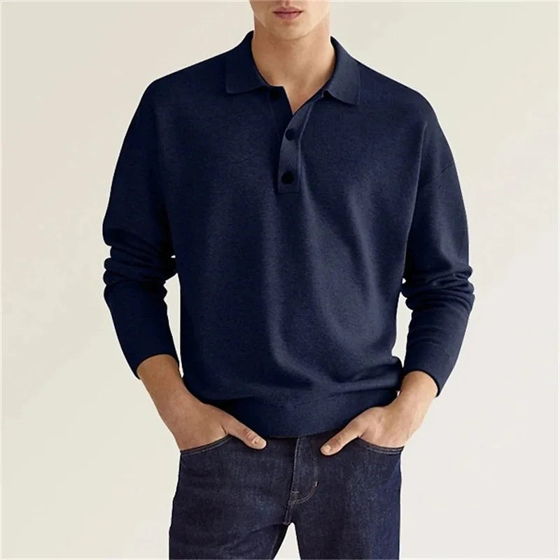 Men's classic long-sleeve polo shirt in grey with a polished collar, showcasing modern comfort and trendy fashion.