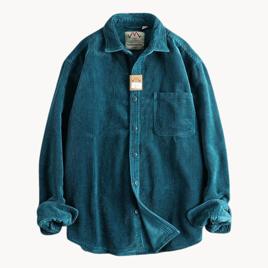 Men's classic orange corduroy shirt with button-down front and textured fabric, ideal for layering and timeless style.