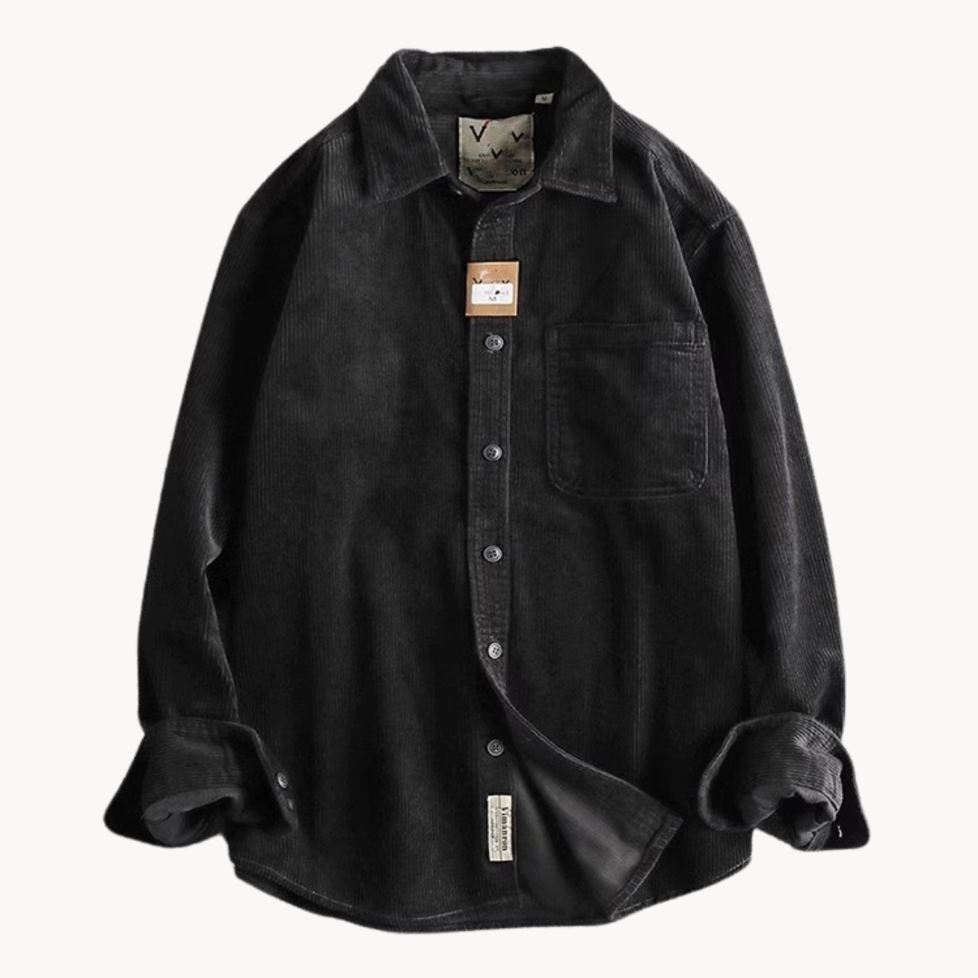 Men's classic orange corduroy shirt with button-down front and textured fabric, ideal for layering and timeless style.