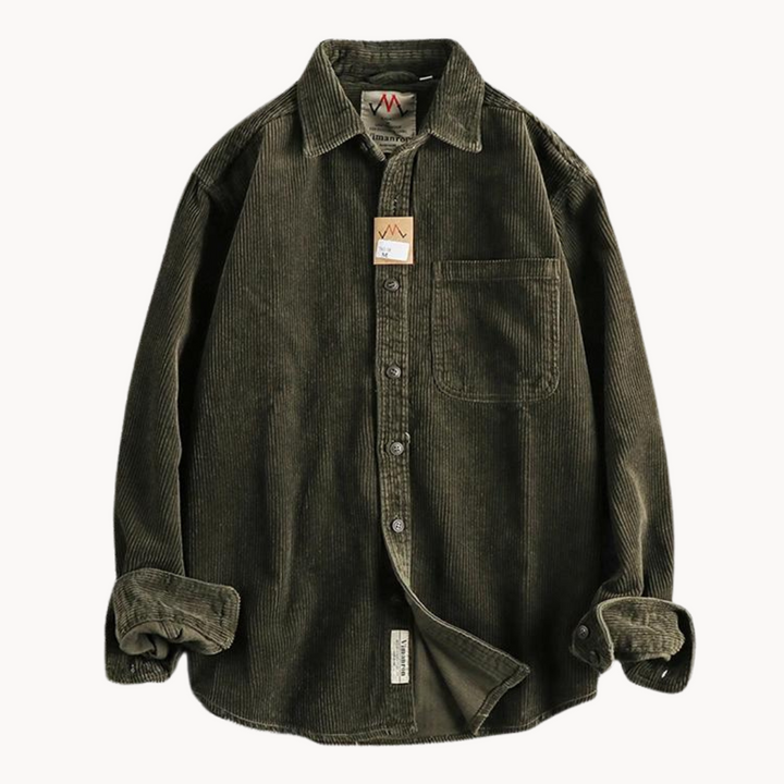 Men's classic orange corduroy shirt with button-down front and textured fabric, ideal for layering and timeless style.