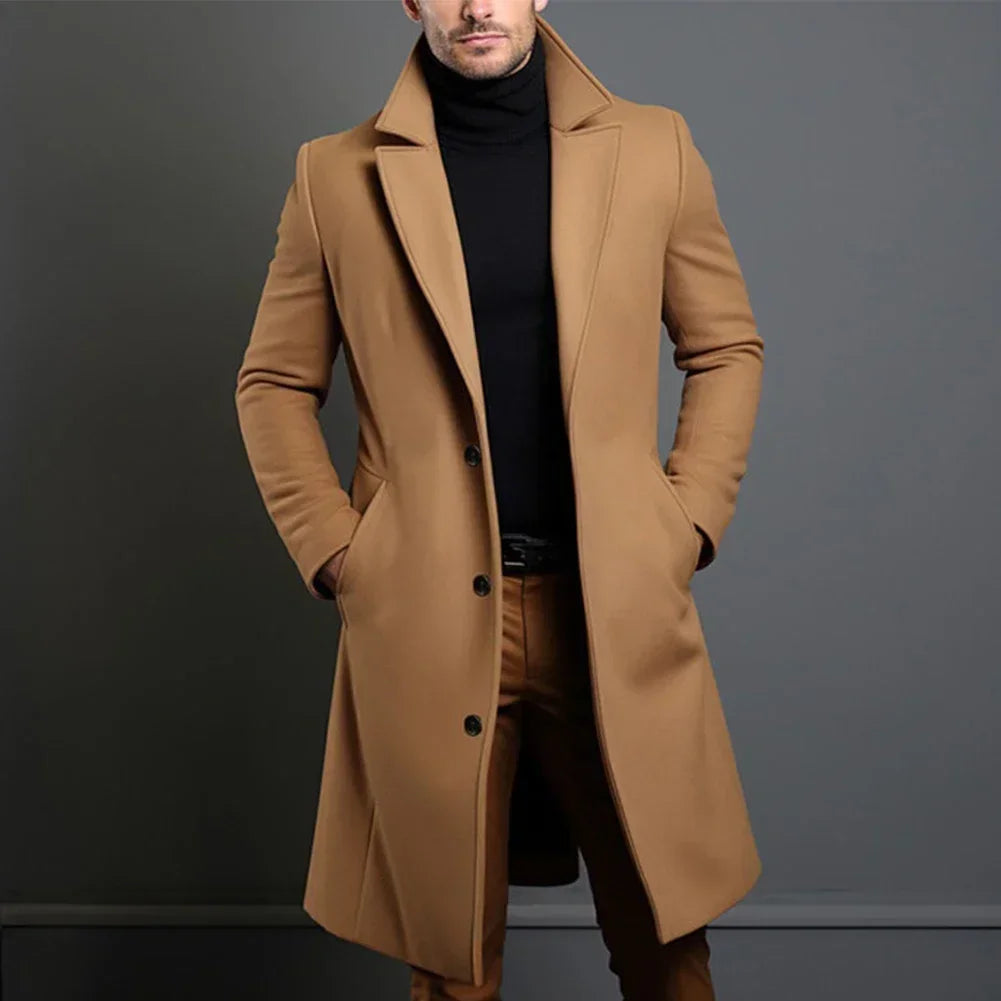 Men's classic tailored overcoat in navy, black, beige; elegant design with clean lines, perfect fit for formal and casual set