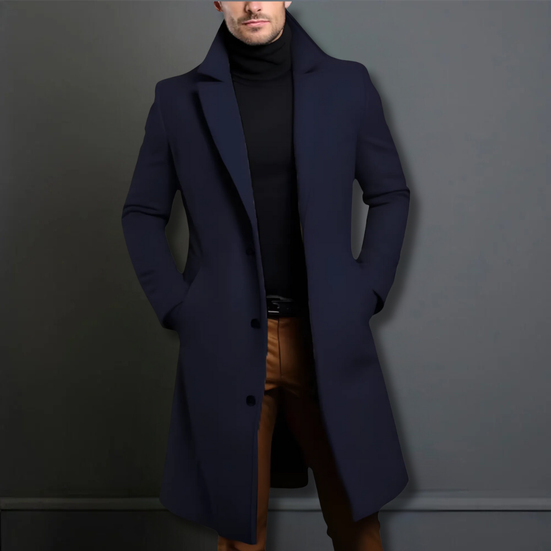 Men's classic tailored overcoat in navy, black, beige; elegant design with clean lines, perfect fit for formal and casual set