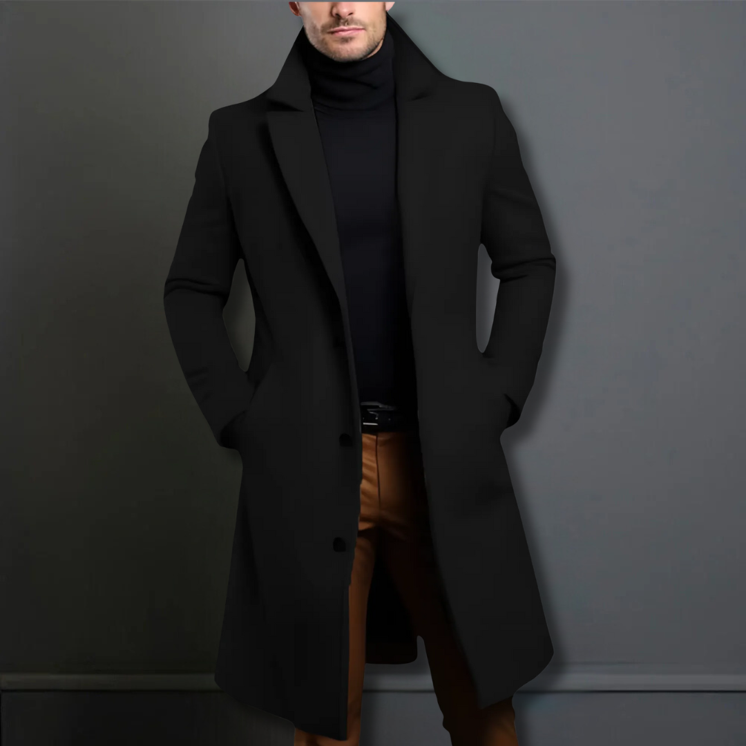 Men's classic tailored overcoat in navy, black, beige; elegant design with clean lines, perfect fit for formal and casual set