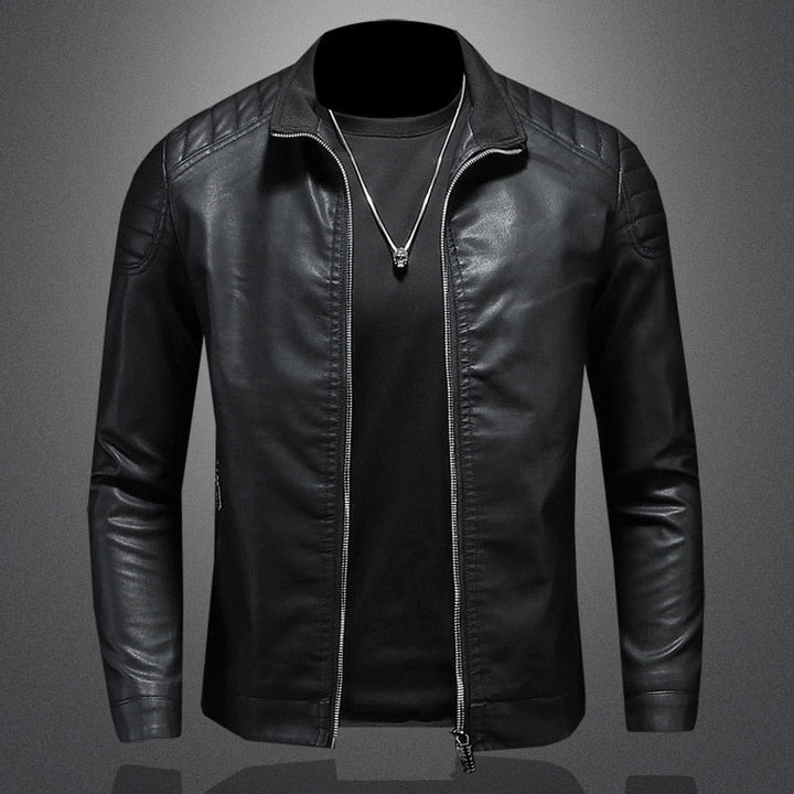 "Men's classic vegan leather jacket, sleek black design, tailored fit, enhances style, versatile for casual or formal wear."