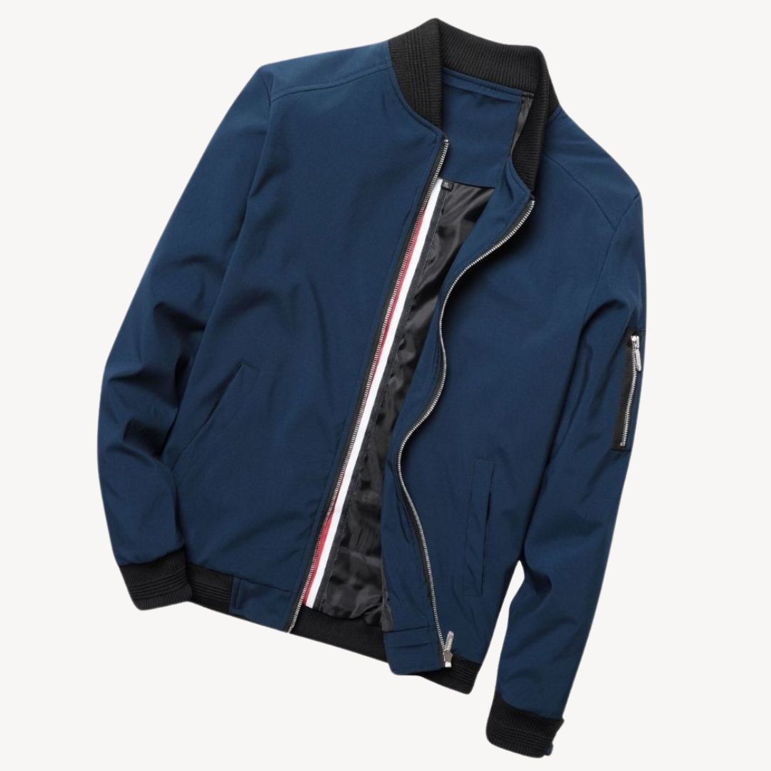 Men's classic zip-up bomber jacket with ribbed details, polyester fabric, versatile for layering, displayed front view.