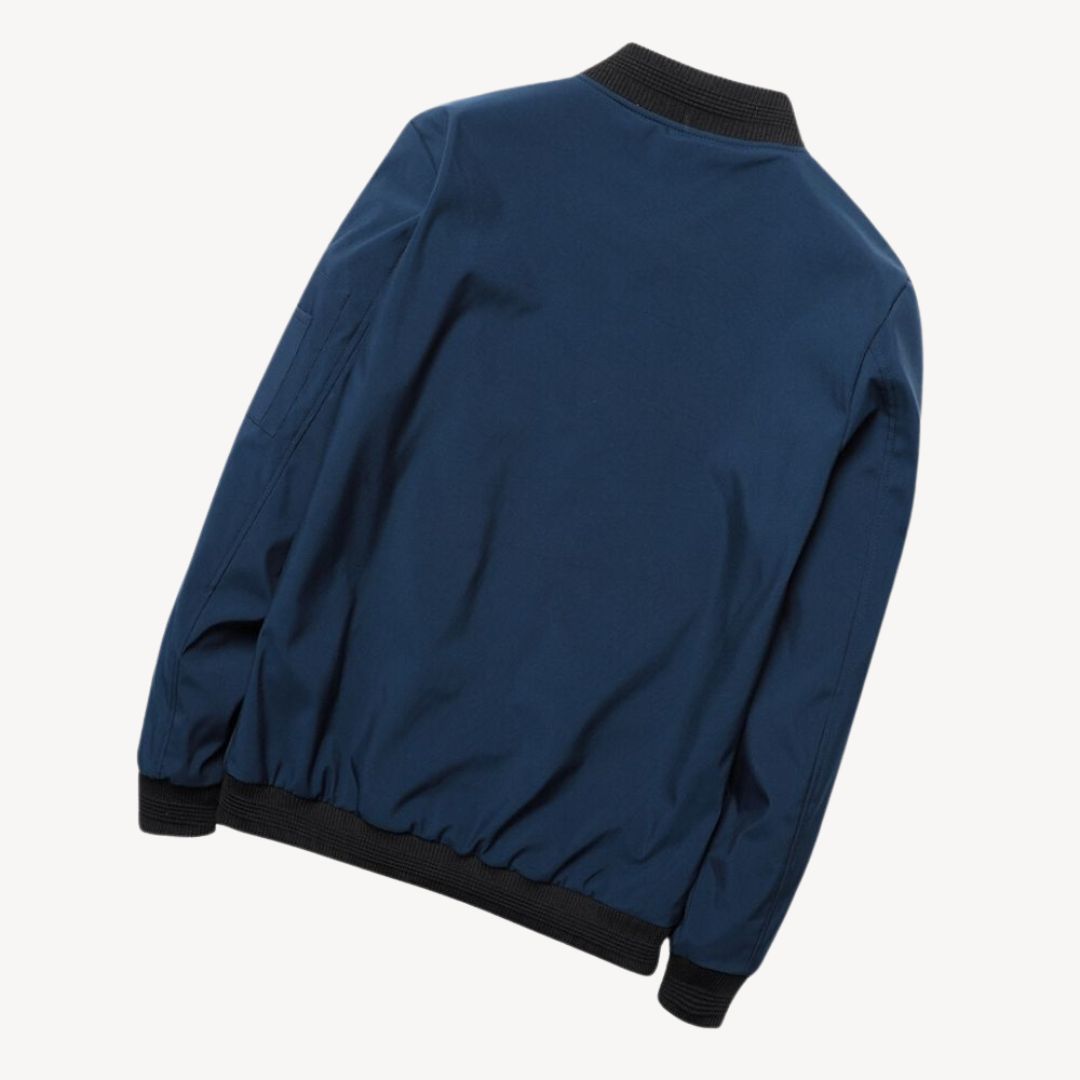 Men's classic zip-up bomber jacket with ribbed details, polyester fabric, versatile for layering, displayed front view.