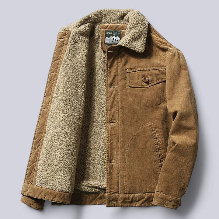 Men's corduroy autumn jacket with a soft cotton interior, fine-ribbed design, deep pockets, and windproof for chilly days.