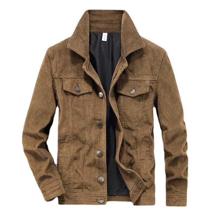 "Men's corduroy jacket in brown, thin textured finish, versatile and stylish, perfect for casual and refined looks."