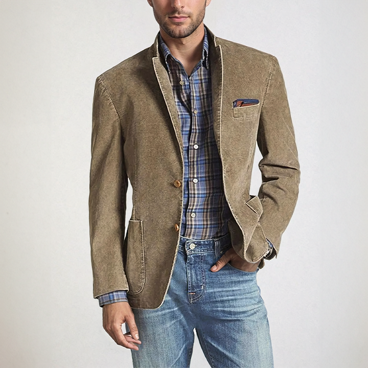 Men's cotton blazer, lightweight, breathable, versatile jacket with classic design, single-breasted, notched lapel.
