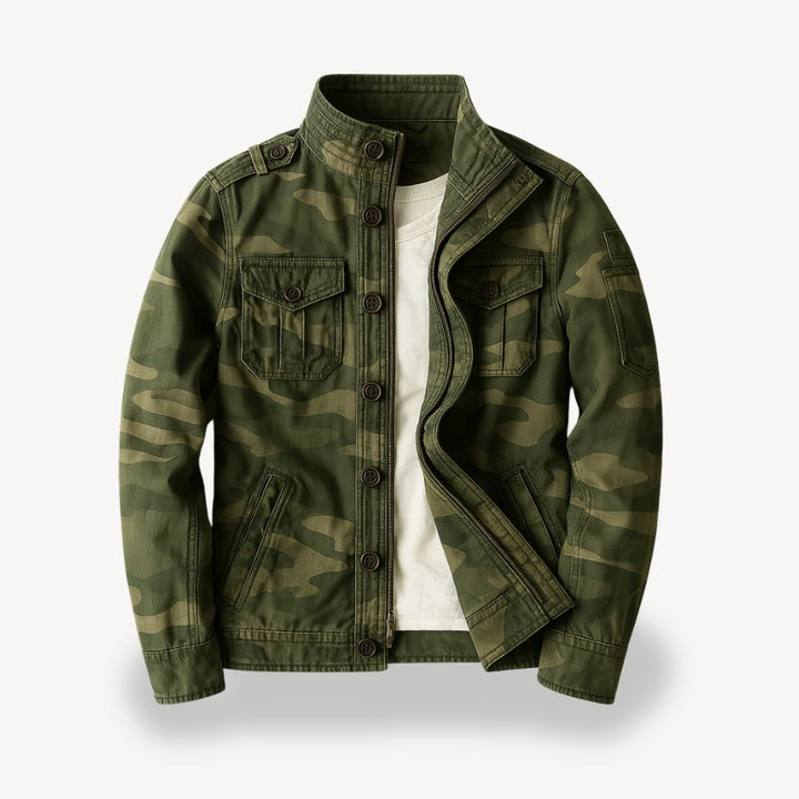 "Men's cotton field jacket, military style, army green, front view with four flap pockets and stand-up collar."