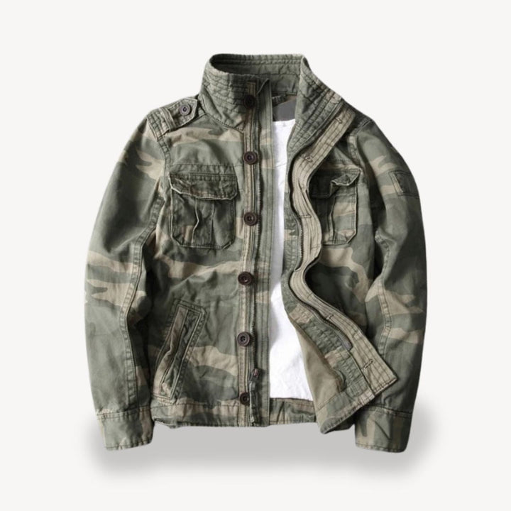 "Men's cotton field jacket, military style, army green, front view with four flap pockets and stand-up collar."