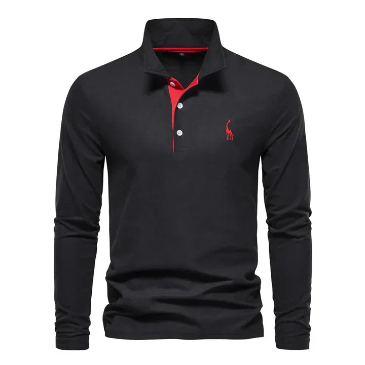 Men's cotton long-sleeved polo shirt with classic collar, shown in stylish black and red, offers modern comfort and elegance.