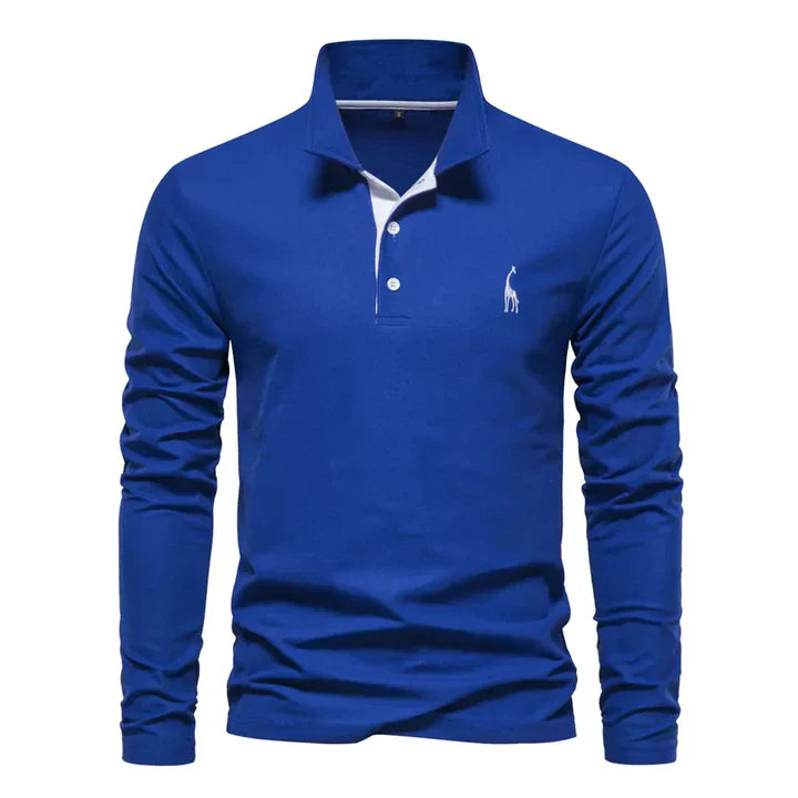 Men's cotton long-sleeved polo shirt with classic collar, shown in stylish black and red, offers modern comfort and elegance.