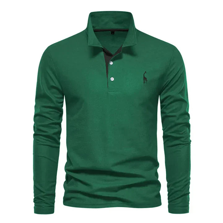 Men's cotton long-sleeved polo shirt with classic collar, shown in stylish black and red, offers modern comfort and elegance.
