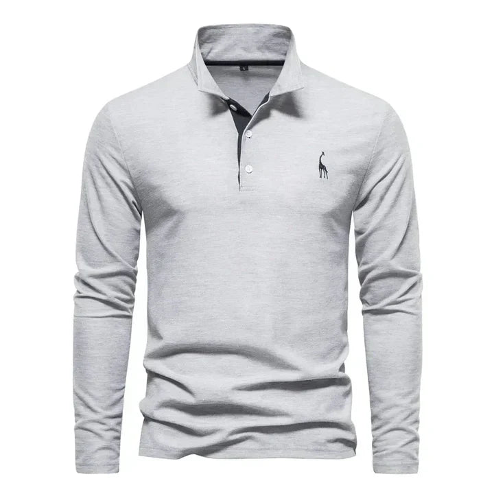 Men's cotton long-sleeved polo shirt with classic collar, shown in stylish black and red, offers modern comfort and elegance.