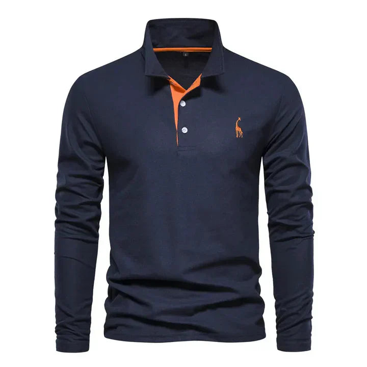 Men's cotton long-sleeved polo shirt with classic collar, shown in stylish black and red, offers modern comfort and elegance.
