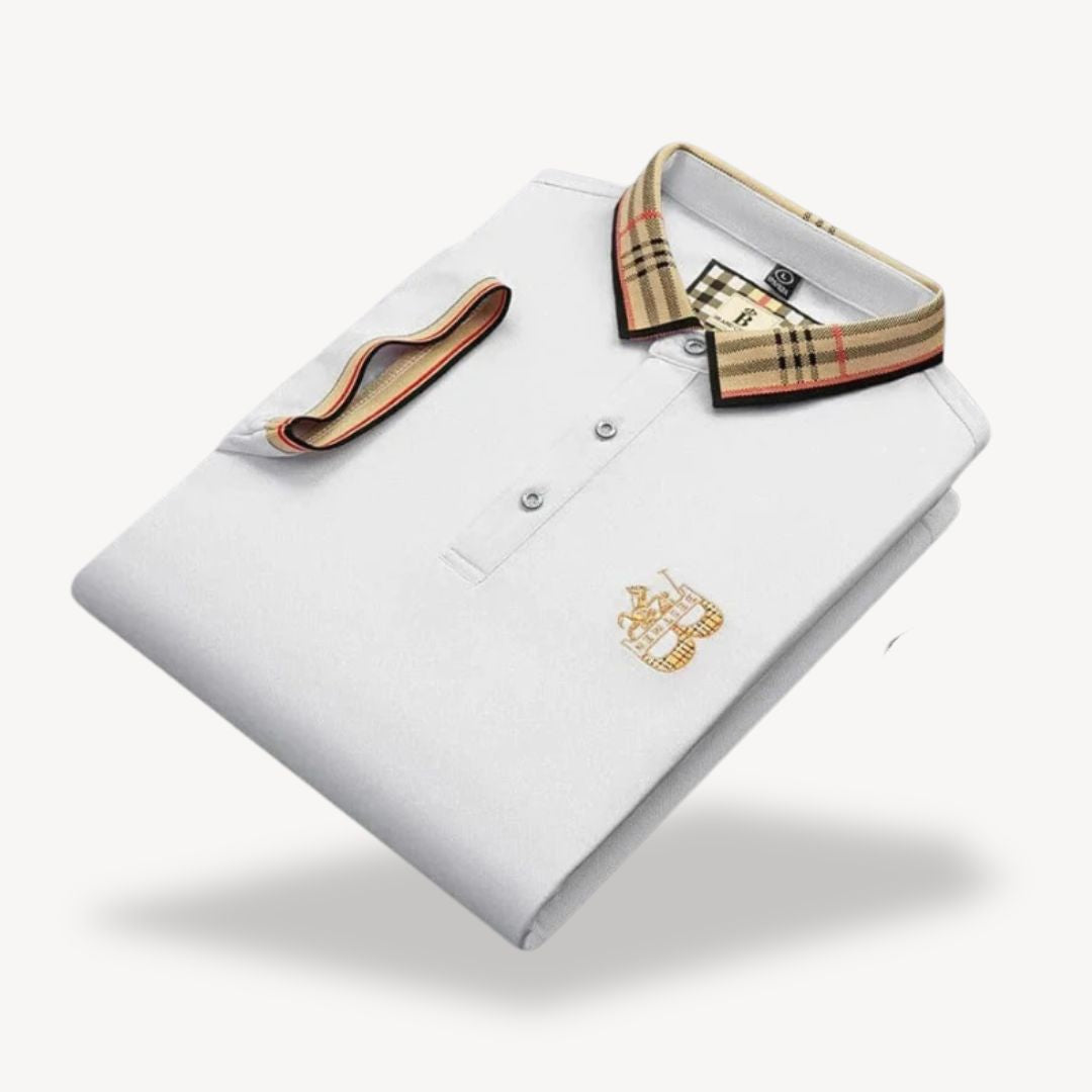 "Men's cotton polo shirts in light blue, green, white, black, blue, yellow; short sleeves, classic collared design."