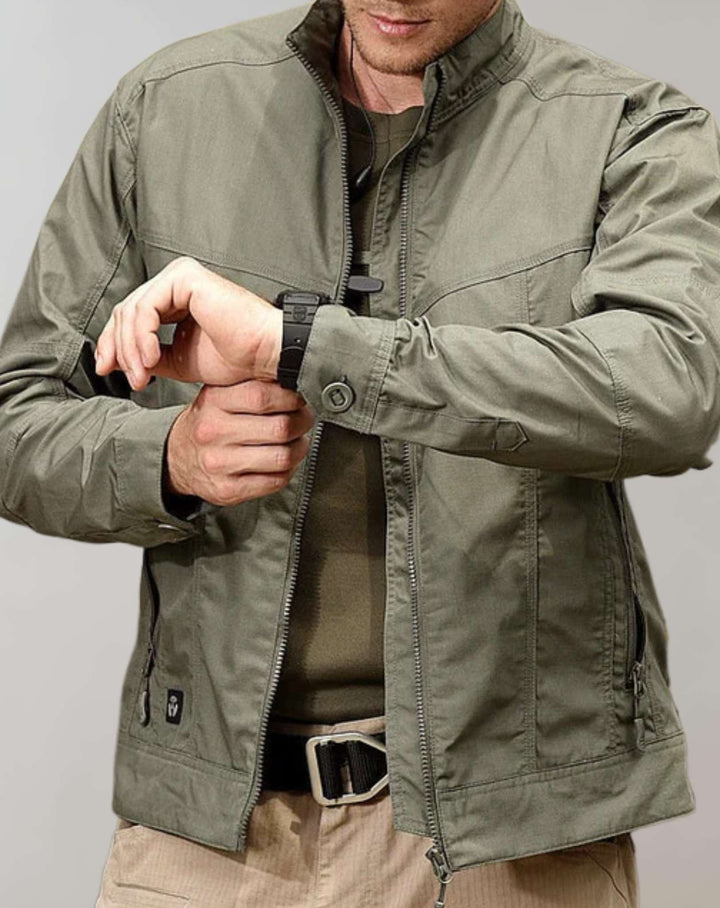 "Men's Cotton Summer Jacket, stylish and comfortable, Army Green, front view with sleek design for modern casual wear."