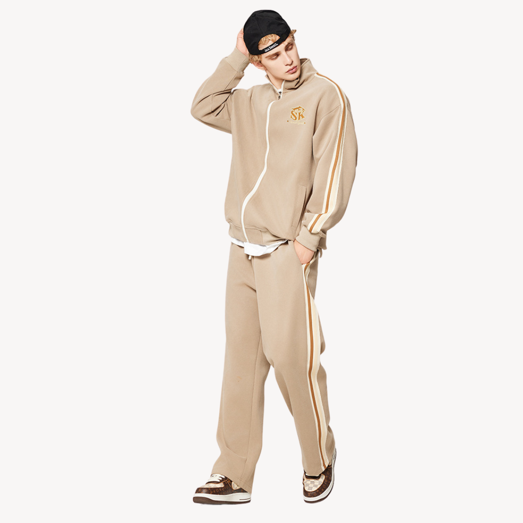 "Men's cotton tracksuit with zip-up jacket, drawstring pants; features sporty stripes, ideal for workouts or casual wear."