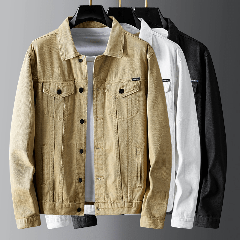 "Men's denim jacket front view with button-front closure, classic spread collar, and premium cotton fabric for style and comf