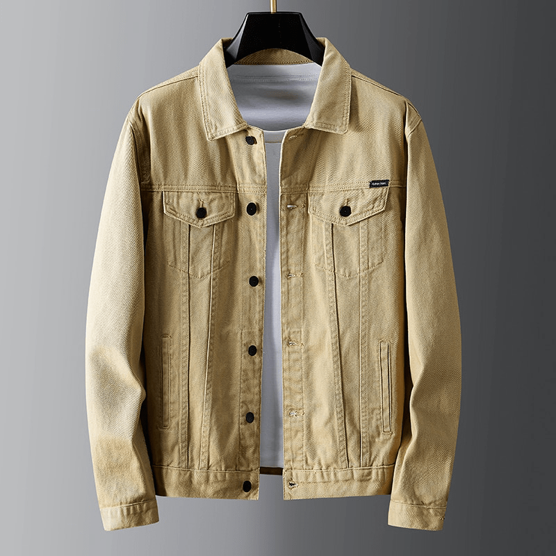 "Men's denim jacket front view with button-front closure, classic spread collar, and premium cotton fabric for style and comf