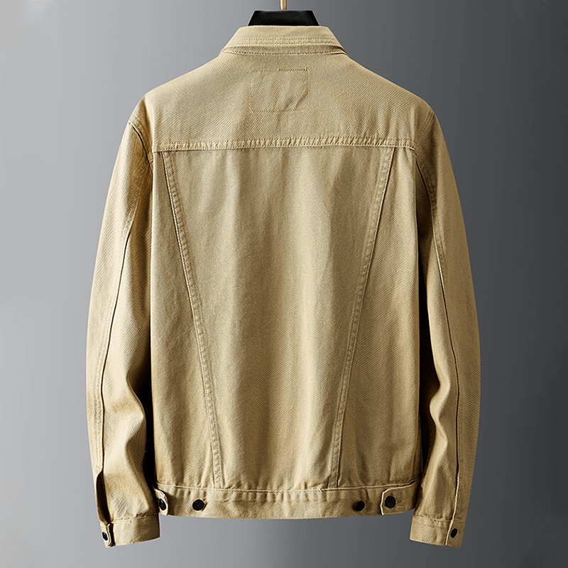 "Men's denim jacket front view with button-front closure, classic spread collar, and premium cotton fabric for style and comf