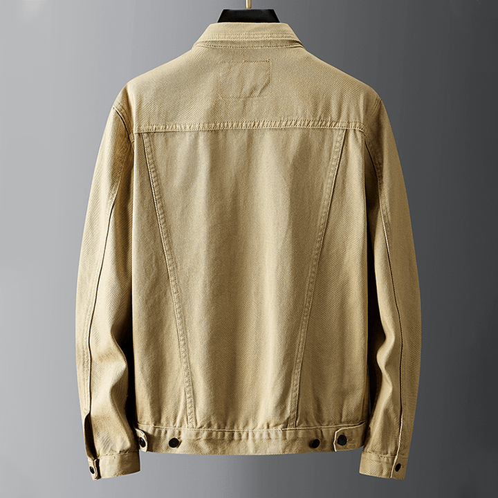 "Men's denim jacket front view with button-front closure, classic spread collar, and premium cotton fabric for style and comf
