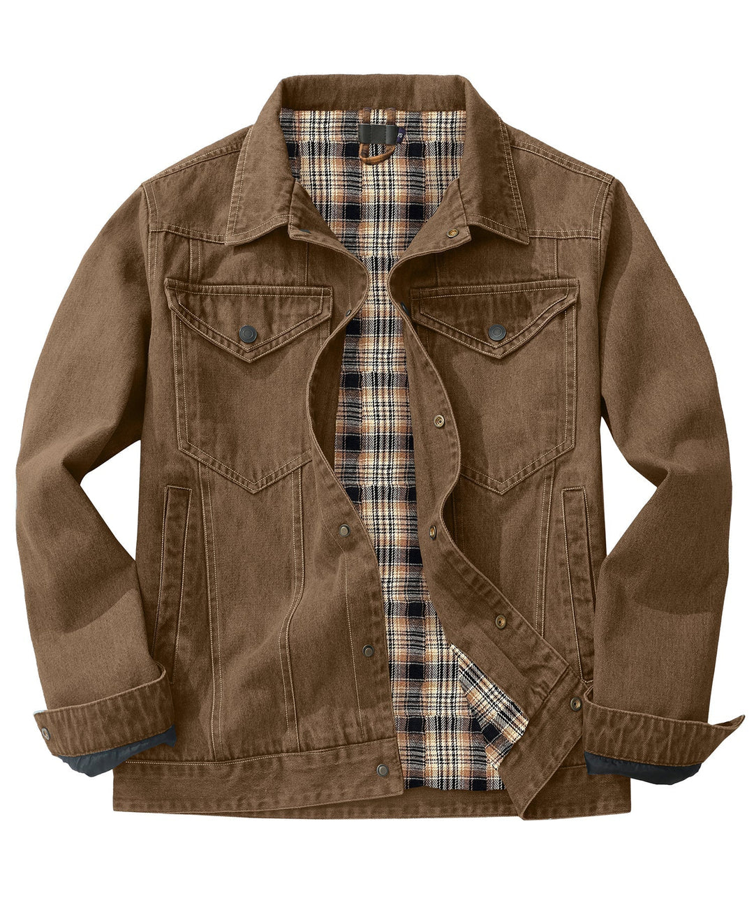 Men's denim wanderer jacket, flannel-lined, brown color, dual chest pockets, button-front closure, rugged and stylish.